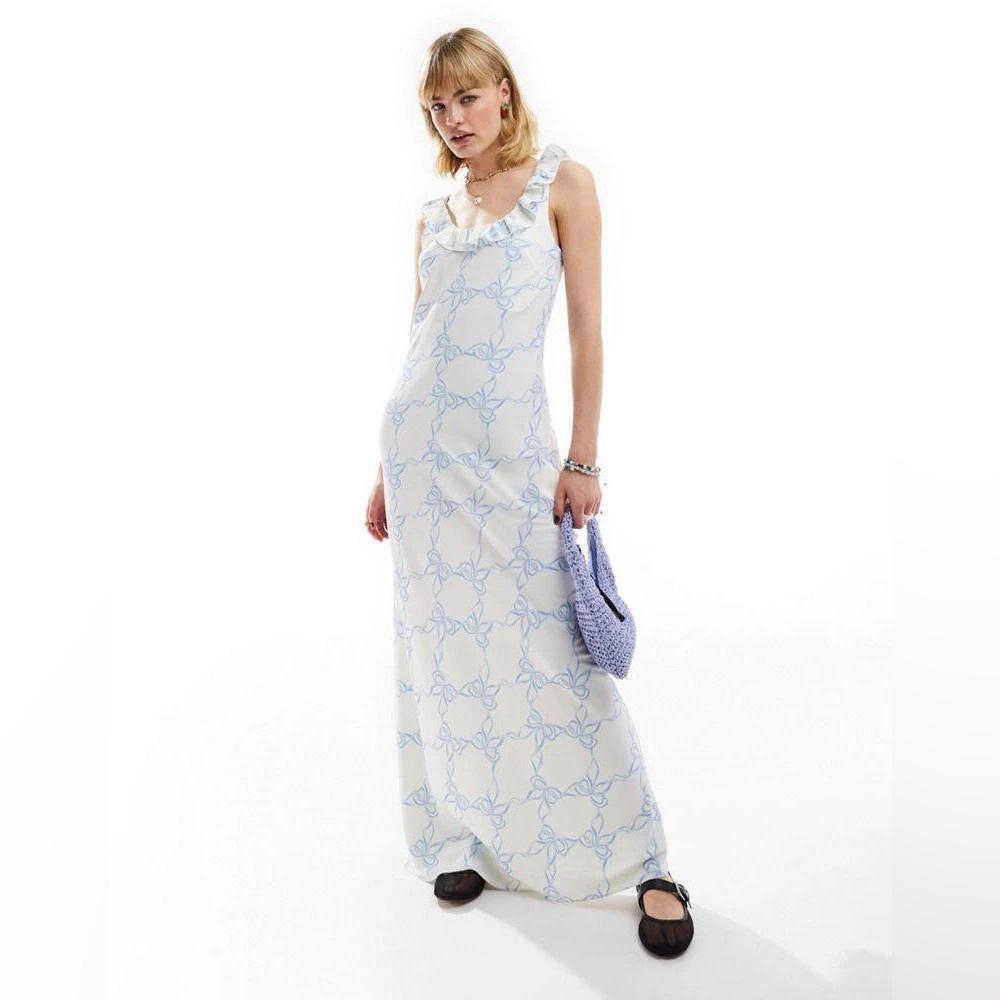 Glamorous Maxi Dress in White with Blue Ribbon Print, Size 6 - Picture 1 of 9
